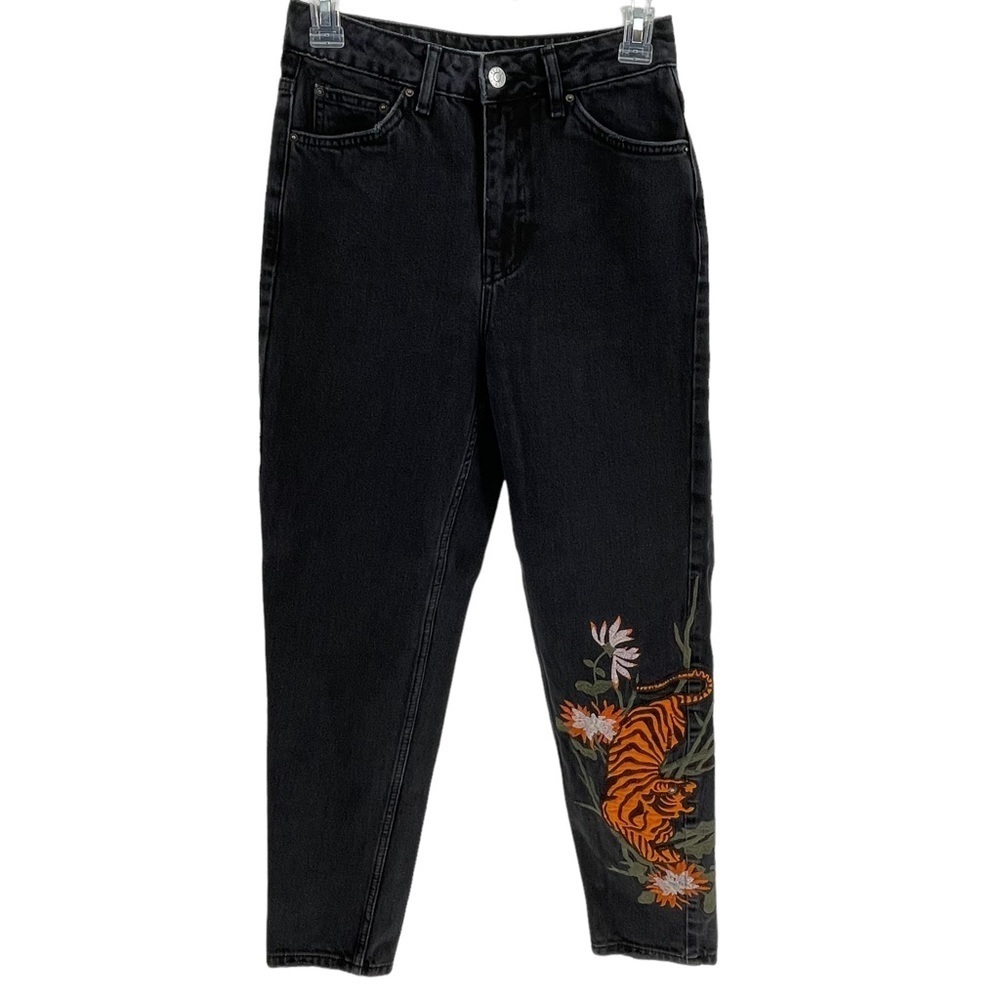 Topshop Black High Rise Jeans with Orange Tiger Embroidery
